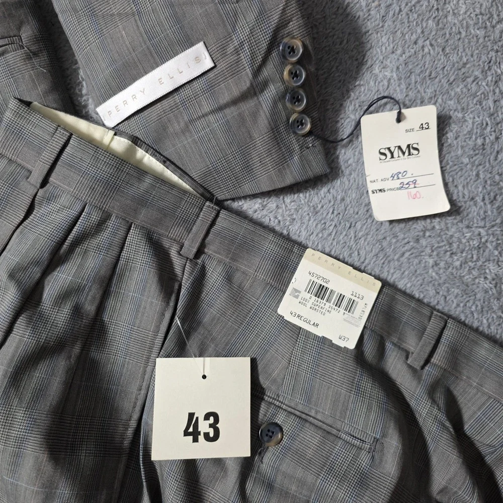 Perry Ellis Mens 43R 36x37 Suit Grey Glen Plaid Double Breasted Wool Vintage